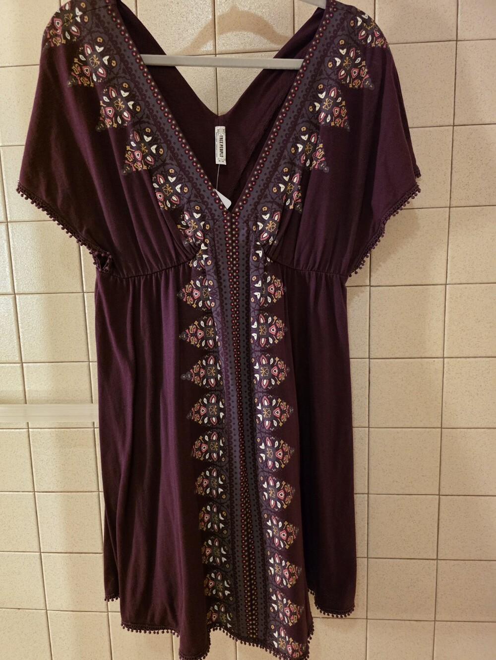 FREE PEOPLE Purple Embroidered V‑Neck Boho Tunic Dress